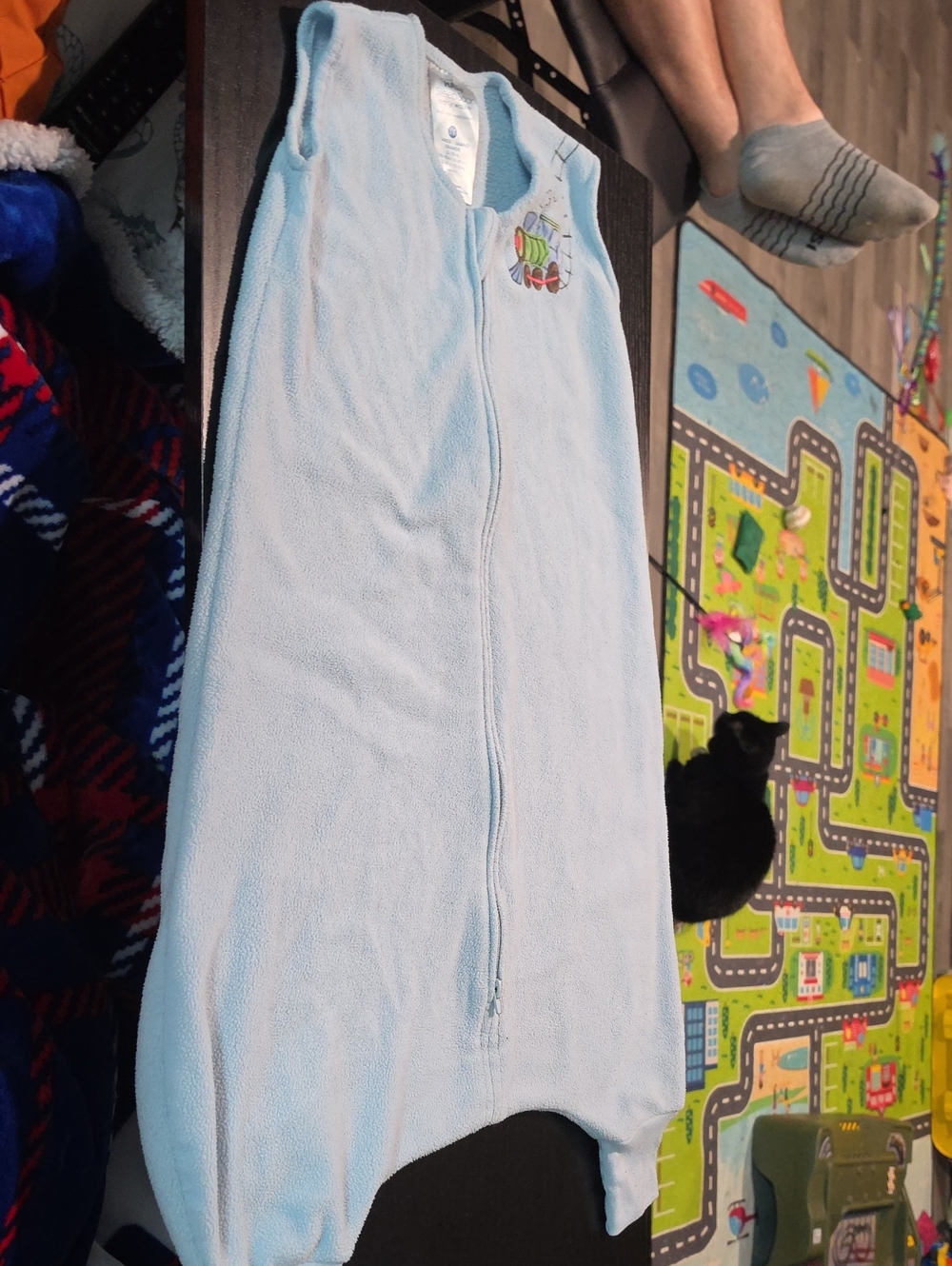Halo Light Blue Fleece Sleeveless Baby Sleep Sack with Train Embroidery